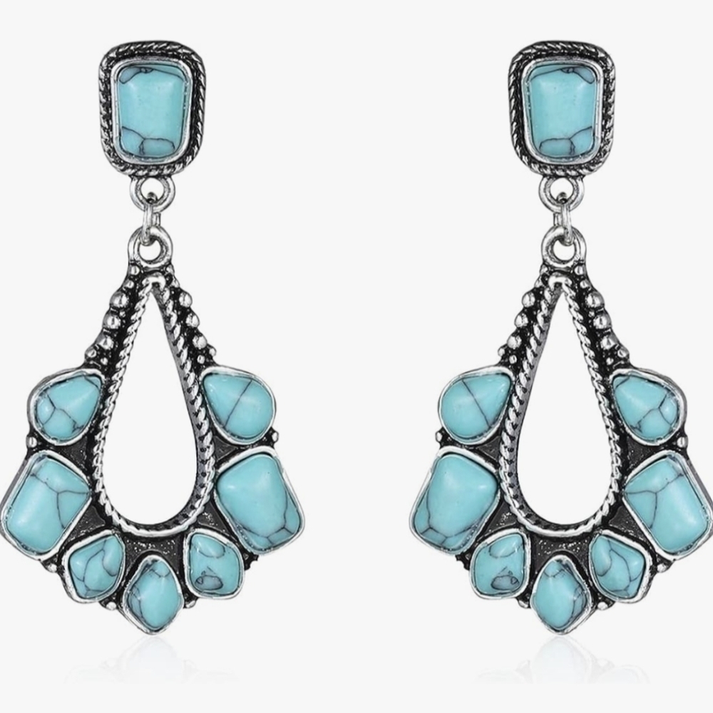 Bohemian Earrings Silver Plated 2" Turquoise Western Jewelry - Picture 3 of 8